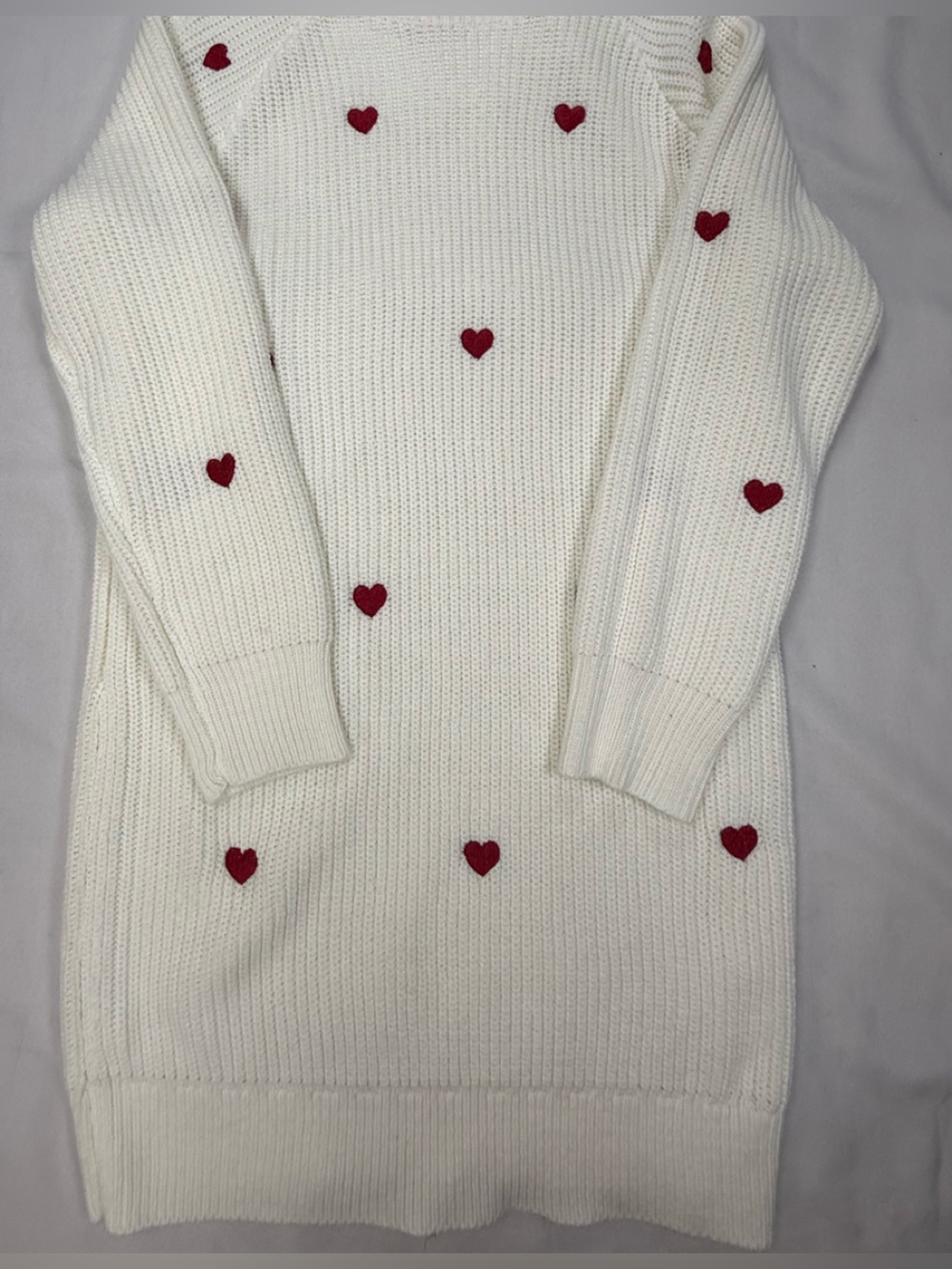 Pink Lily Cream Crewneck Sweater with Red Heart Details